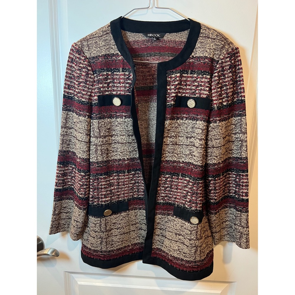 Misook Womens Knit Jacket Open Front Striped Red S